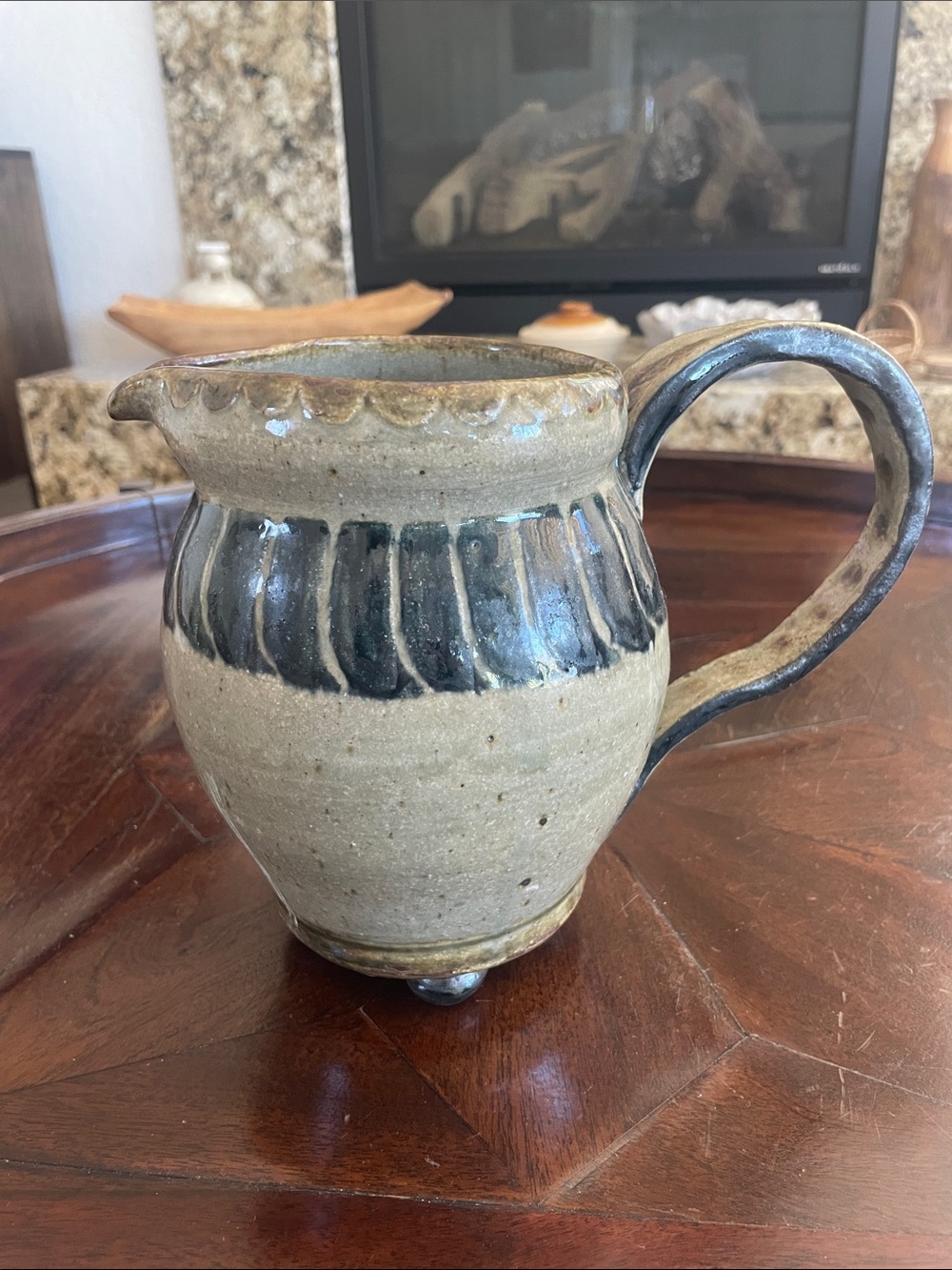 Stoneware Pitcher with Beige Body and Dark Blue Accent
